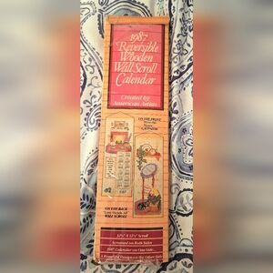 Vintage 1980s, Wooden Wall Scroll Calendar - Red and Brown